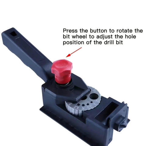 Adjustable Drill Guide Kit For Woodworking With Precision Hole Drilling Durable Plastic Construction Automatic Alignment 3 To 12mm Range Ideal For DIYers And Pros Ready To Tackle Any Project. Close-up view of adjustable settings with red button for hole positioning.