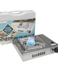 10000 BTU Stainless Steel Camp Stove With Wind Blocker Portable Gas Stove For Camping Tailgating And Outdoor Cooking In A Durable Carry Case Fuel Not Included, showing flame and case backdrop