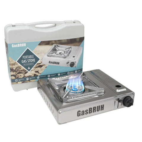 10000 BTU Stainless Steel Camp Stove With Wind Blocker Portable Gas Stove For Camping Tailgating And Outdoor Cooking In A Durable Carry Case Fuel Not Included, showing flame and case backdrop