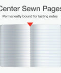Open notebook showing center sewn pages, 12 Pack Black Composition Notebooks For School And Home, College Ruled 160 Pages