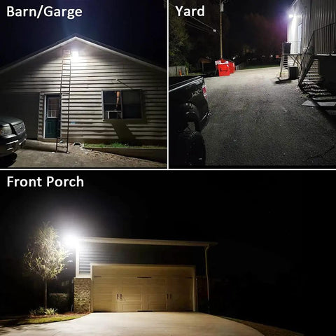 Photography of Beast 70W Barn Light with 9800 Lumen Output illuminating barn, yard, and porch at night