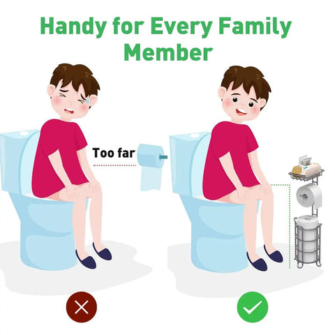 Illustration of a child using Free Standing Toilet Paper Holder With Extra Top Shelf For Phone And Wipes, Mega Roll Capacity.