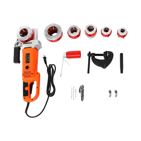 Heavy Duty Electric Pipe Threader Machine With 2300W Power Motor And 6 Dies For Galvanized Steel Iron Pipes Plus Carrying Case Professional Plumbing Tool Kit components and accessories displayed.