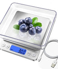 Rechargeable Kitchen Scale With Trays, Ultra Precise 3000g/0.1g Digital Food Scale With Blueberries, Tare Function