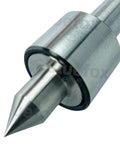Front view of MT1 mini live center for lathe; silver metal body with a sharp conical tip.