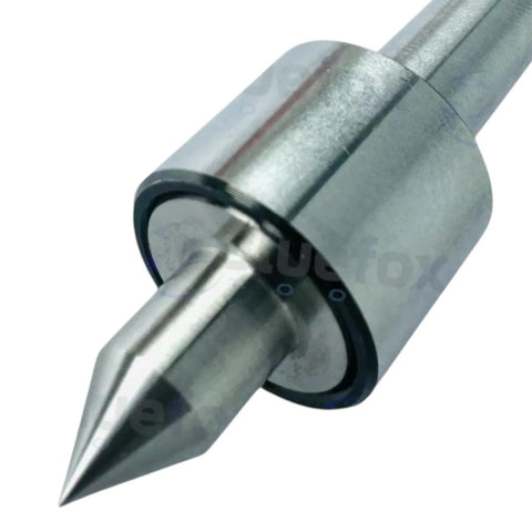 Front view of MT1 mini live center for lathe; silver metal body with a sharp conical tip.