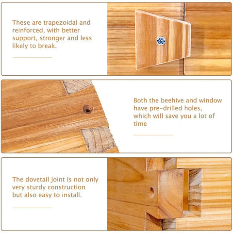 Close-up of 10 Frame Medium Beehive Box For Langstroth Hives With Beeswax Coated Wood Panels, showing reinforced trapezoidal support.