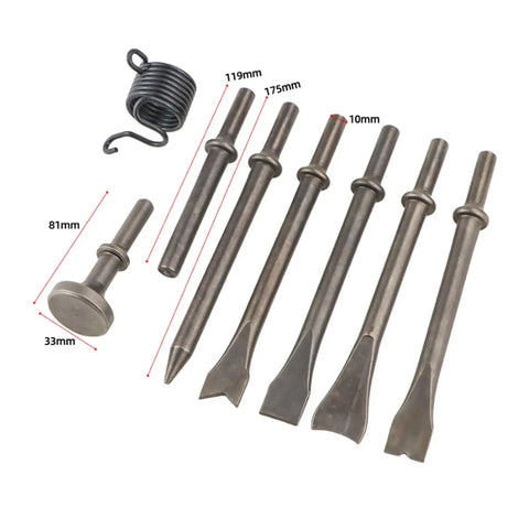 Versatile Air Hammer Kit With 8 Pc Chisel Heads For Rust Removal Metal Chipping And Heavy Duty Automotive Repair Tools Built Tough To Chip Old Paint., 8-piece steel air hammer chisel set with spring, 119mm and 175mm heads, 10mm shank