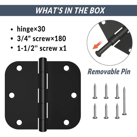 30 Pack Matte Black Door Hinges 3.5 X 3.5 Inches With 5/8 Radius, Heavy Duty Interior Door Hardware, with screws and removable pin