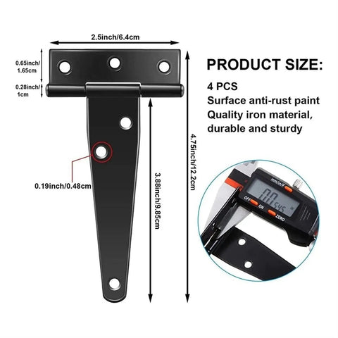 Top Shelf Heavy Duty T Hinge Set Including Six Matte Black Iron Brackets Perfect For Garden Shed Barn Door Cabinet And Gate Install Rust Resistant Finish Built Like A Tank For Everyday Grind with product measurements