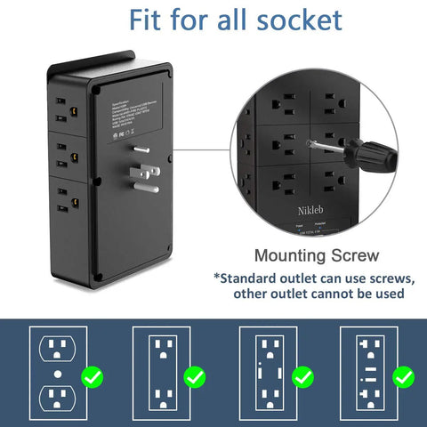 Beefed Up Heavy Duty Surge Protector Wall Charger With 12 Wide AC Outlets And 4 USB Ports, space-saving design