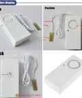 Water Leak Alarm Two Pack With 120 dB Loud Alarm For Home Kitchen Bathroom Overflow And Flood Detector Sensor Easy Peel And Stick Mount For Sink Tub Basement Or Garage High Sensitivity 24K Plating Detect Board. Side view of white leak alarm with cable and sensor plate.