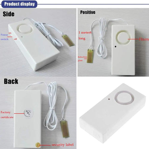Water Leak Alarm Two Pack With 120 dB Loud Alarm For Home Kitchen Bathroom Overflow And Flood Detector Sensor Easy Peel And Stick Mount For Sink Tub Basement Or Garage High Sensitivity 24K Plating Detect Board. Side view of white leak alarm with cable and sensor plate.