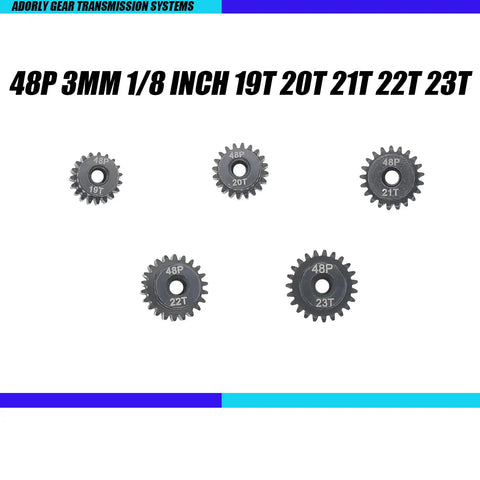 Heavy Duty Hardened Steel RC Pinion Gear Set 19 To 23 Teeth 3 MM Bore 48P Pitch for Traxxas models with sizes displayed.