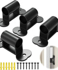 Four Pack Black Fence To Wall Anchors securely lock down dog playpen, heavy-duty stabilizer clips shown with screws and anchors.