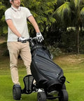 Electric Four Wheel Foldable Golf Cart Trolley With Easy Push Or Ride Options In Classic Black Trim for course transportation.