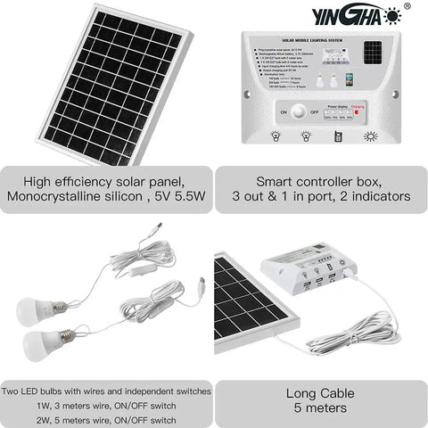 Off Grid Solar Light With Dual LED Bulbs And Solar Panel Pendant details including panel, controller, and cables