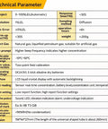 Technical parameters chart for Smart Gas Leak Detector with specifications like resolution, response time, and operating voltage.
