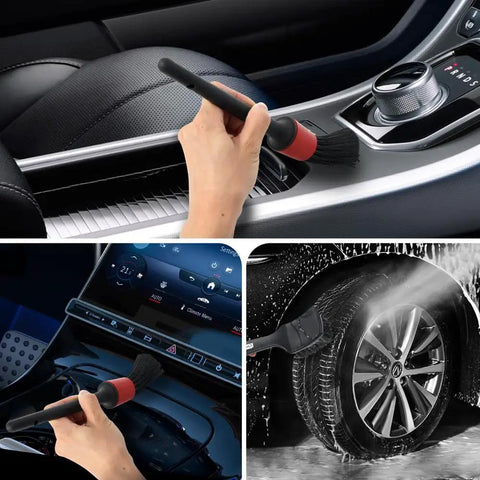 Using the 9 Piece Auto Detailing Brush Set With Soft Bristles For Interior And Exterior Cleaning Including Wheels, Vents, Seats, Engine, Carpets And More For Cars, Trucks, SUVs And Motorcycles All In One Automotive Cleaning Kit on car dashboard, vents, and wheels