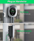 Top Notch Level 2 Electric Vehicle Charger 50 Amps With Smart Display And Adjustable Amperage For Lightning Fast Home Charging Compatible With Nema 14-50 Plugs For Any Sweet Ride On The Daily Commute Today, showcasing plug or hardwire options.