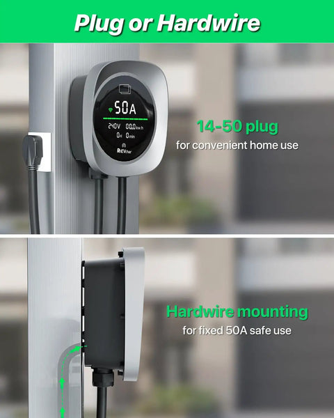 Top Notch Level 2 Electric Vehicle Charger 50 Amps With Smart Display And Adjustable Amperage For Lightning Fast Home Charging Compatible With Nema 14-50 Plugs For Any Sweet Ride On The Daily Commute Today, showcasing plug or hardwire options.