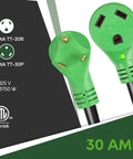 Beefed Up 30 Amp 25 Foot RV Extension Cord With TT30P Male And TT30R Female Connectors, Weather Resistant 10 Gauge 3 Conductor STW Cable, Durable Strain Relief, Safe For Up To 3750 Watts. Green TT-30P and TT-30R RV cord ends