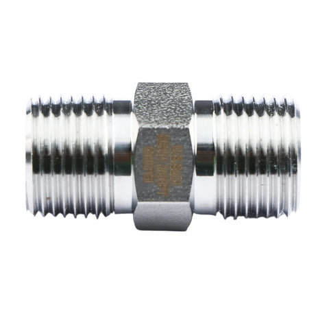 Stainless steel hex nipple, 3/8 x 3/8 NPT, 304 stainless, side view
