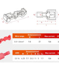 Diagram and specifications of Rapid Quick Splice T Tap Connectors Kit For 22-16 AWG Wire, 120 Pieces male and female connectors.