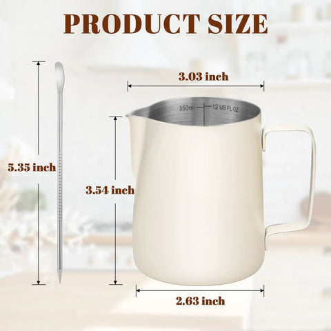 12 Oz Milk Frothing Pitcher With Clear Scale 304 Stainless Steel Barista Pouring Cup alongside measurement markings.