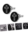 Cross Design Titanium Steel Cufflinks For Men Black One Pair Dress Shirt Fasteners For Formal And Casual Wear Sharp Everyday Accessory For Suits Tuxedos Office Look And Gift Ideas shown over white background