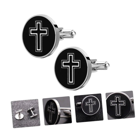 Cross Design Titanium Steel Cufflinks For Men Black One Pair Dress Shirt Fasteners For Formal And Casual Wear Sharp Everyday Accessory For Suits Tuxedos Office Look And Gift Ideas shown over white background