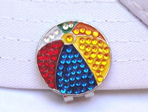 Colorful Beach Ball Crystal Golf Marker for Putting Green, Premium 1 Inch Ball Marker on white background, unique accessory