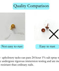 Quality comparison of Top Shelf 200 Pack Gold Upholstery Tacks and Furniture Nails showing rust resistance features.