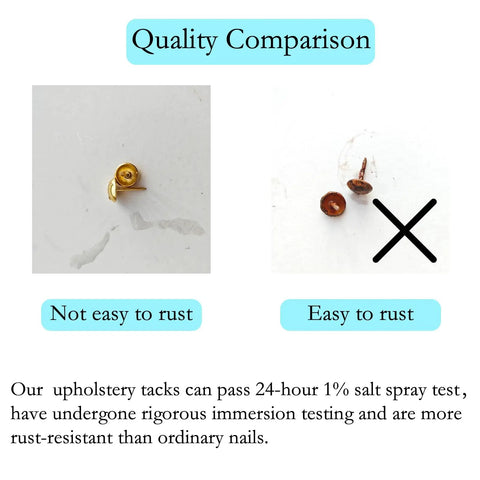 Quality comparison of Top Shelf 200 Pack Gold Upholstery Tacks and Furniture Nails showing rust resistance features.