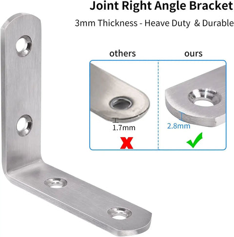 Heavy Duty Stainless Steel L Bracket Corner Brace Right Angle Support 65X65Mm Woodworking Fastener 6 Pack showing 3mm thick durable steel design.
