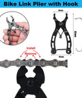 Bike Chain Repair Kit For 6/7/8 Speed Bikes With Chain Breaker And Link Pliers, chain cutter with hook and measurement details.