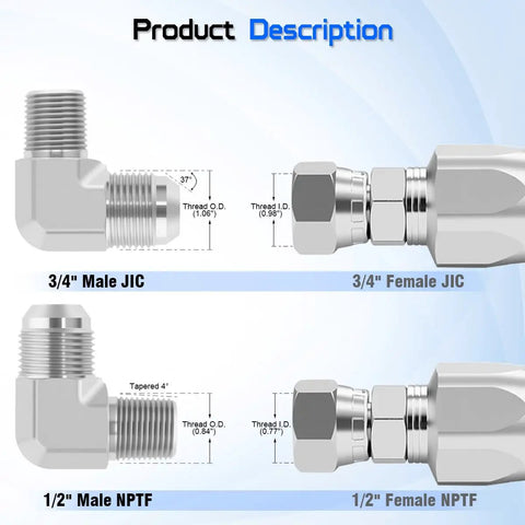 Three Quarter JIC 37 Degree Male To Half Inch NPTF Male Hydraulic Hose Fittings 90 Degree Elbow Adapter For Tight Space Routing And Easy System Fit That Keeps It No Fuss Smooth Leak Free Installations In Tight Machinery And Vehicle Setups. 90° elbow adapter, steel, for hydraulic machinery