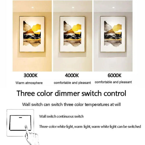 Image showing three color temperatures of 12 Pack 15W LED Recessed Lights Slick Dimmable Downlights with wall switch control.