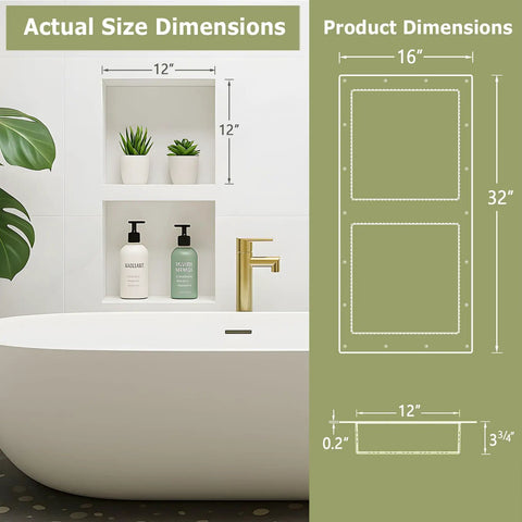32 By 16 Inch Double Shelf Shower Niche Waterproof Recessed Organizer Space Saver For Tile Bathrooms dimensions diagram