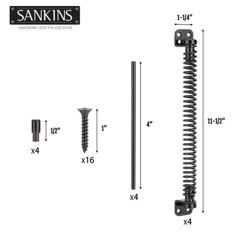 11.5 Inch Gate Spring Self Closing Heavy Duty Built To Last Outdoor Door Spring For Metal Gate Closure With Adjustable Tension For Wooden And Vinyl Fences Black Finish 4 Pack black gate spring with screws and dimensions shown