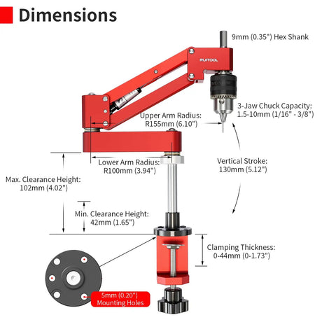 Desktop Tapping Arm With 90 Degree Vertical Tap Guide Jig For Aluminum Extrusions dimensions and features diagram