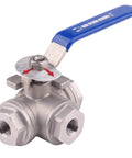 3-Way Ball Valve With L Mounting Pad Stainless Steel 304 Female 1/4 Inch NPT Ports For Water Oil And Gas Vinyl Locking Handle 1000 WOG