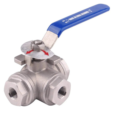 3-Way Ball Valve With L Mounting Pad Stainless Steel 304 Female 1/4 Inch NPT Ports For Water Oil And Gas Vinyl Locking Handle 1000 WOG