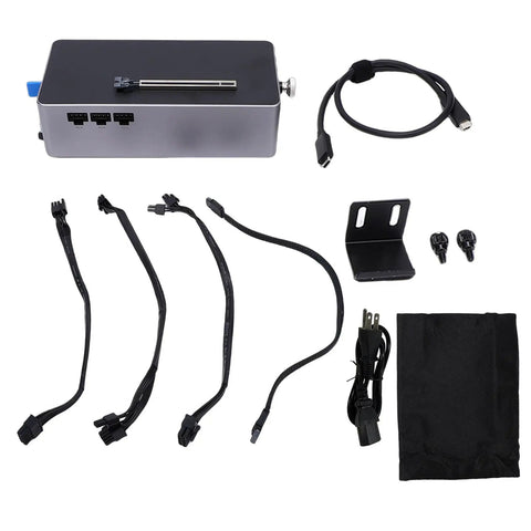 Plug and Play External Gpu Enclosure With Oculink And Usb4 Hot Swap Support Featuring A Rock Solid Eight Hundred Watt Power Supply To Upgrade Your Laptop Setup Today Black parts including cables, power supply, and desktop mount.