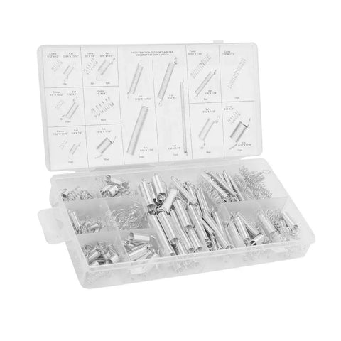 Heavy Duty 200 Piece Metal Spring Assortment Kit With 20 Various Extension And Compression Sizes For Pro Repair Jobs Home Fix It Quick Gear Projects And Mechanical Assembly Tasks In Durable Storage Box, open labeled case