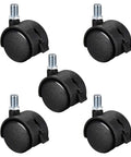 Twin Wheel Nylon Swivel Furniture Caster Set With 1.5 Inch Wheels And M10 X 15mm Threaded Stem Brakes, Non Marking Black Casters, 33lb Capacity
