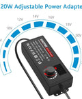 Versatile 120W Universal Power Adapter With 4V-24V Adjustable DC Output Up To 5A, showcasing voltage range and control dial.