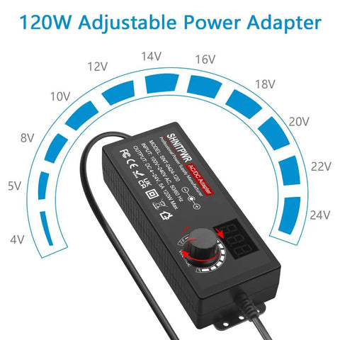 Versatile 120W Universal Power Adapter With 4V-24V Adjustable DC Output Up To 5A, showcasing voltage range and control dial.