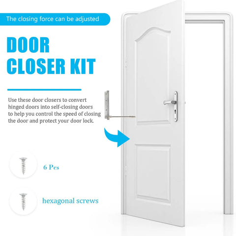 Automatic Stainless Steel Door Closer With Adjustable Tension And Quiet Spring Buffer shown with door kit and hexagonal screws.