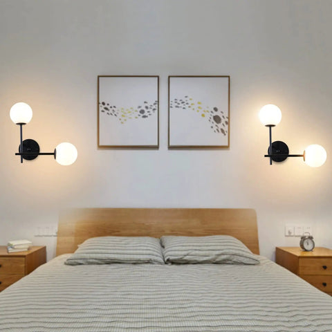 Two Light Modern Matte Black Vanity Lights With White Globe Glass Shades Industrial Farmhouse Wall Lamp above bed